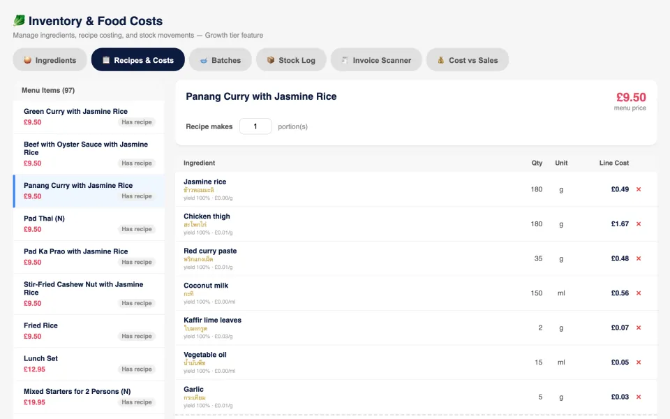 Recipe costing for Panang Curry (demo restaurant)