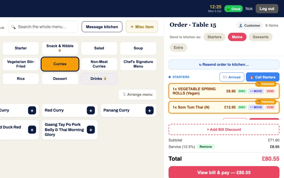Till order screen for Table 15 (demo restaurant)