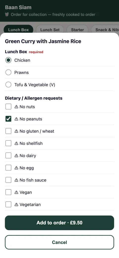 Online ordering on a phone: choose a protein and allergy requests (demo restaurant)