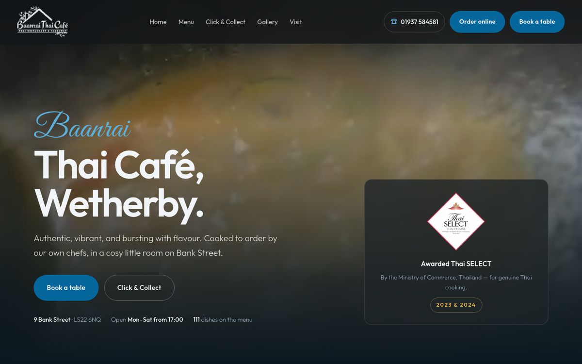 Baanrai Thai Café website on a laptop