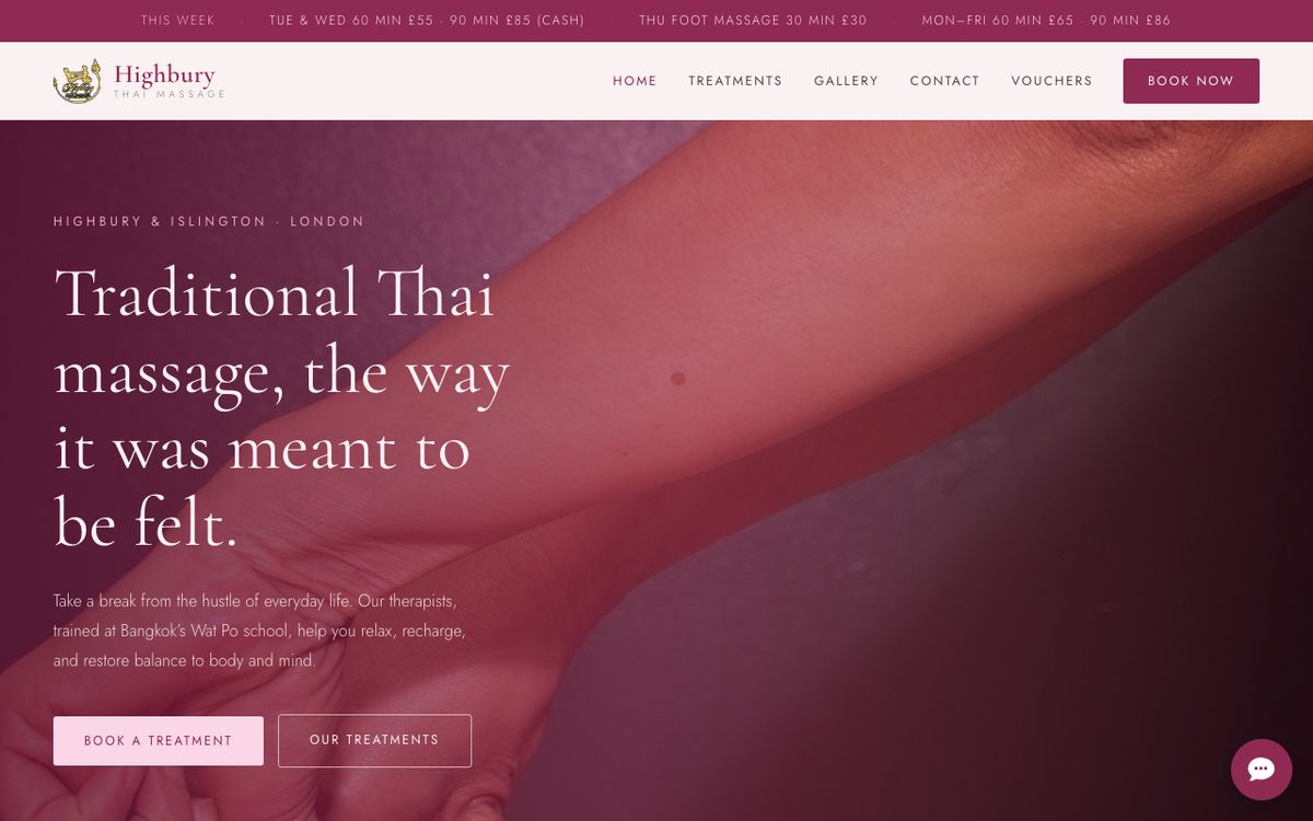 Highbury Thai Massage website on a laptop
