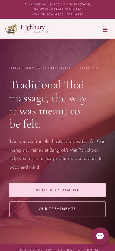 Highbury Thai Massage website on a phone