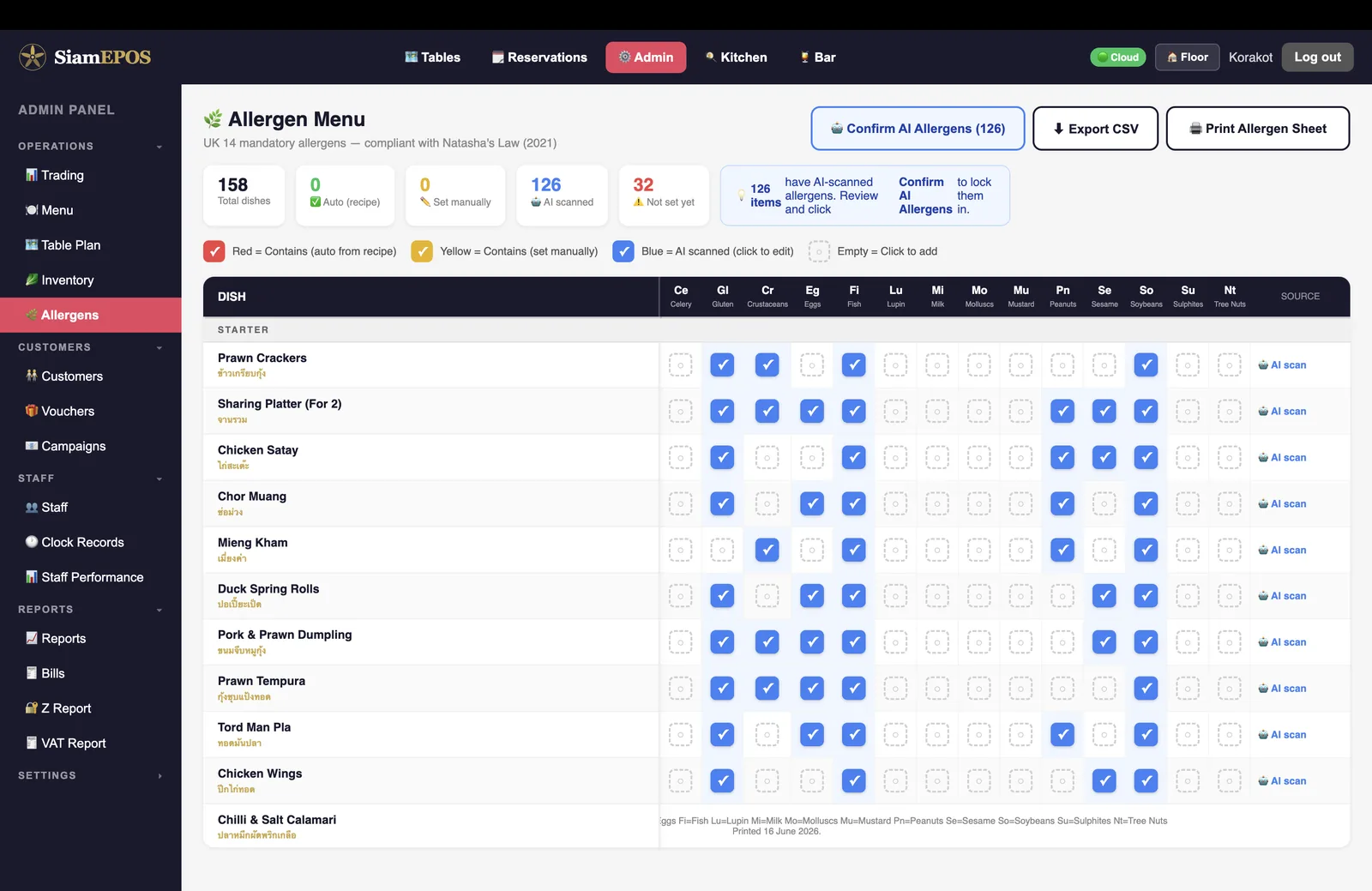 SiamEPOS allergen menu — all 14 UK allergens AI-scanned