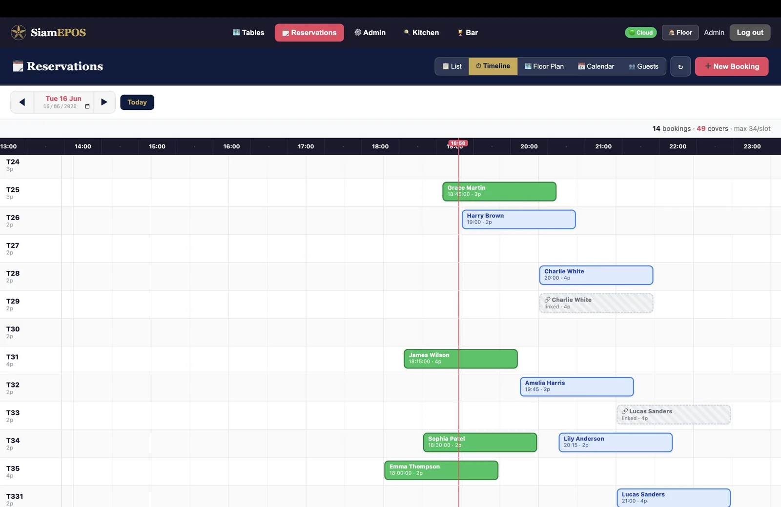 SiamEPOS reservations — list, timeline and floor-plan views