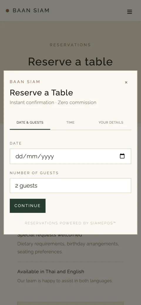 Booking widget on a phone (demo restaurant)