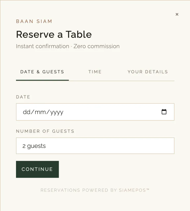 Table booking widget on a restaurant website (demo restaurant)