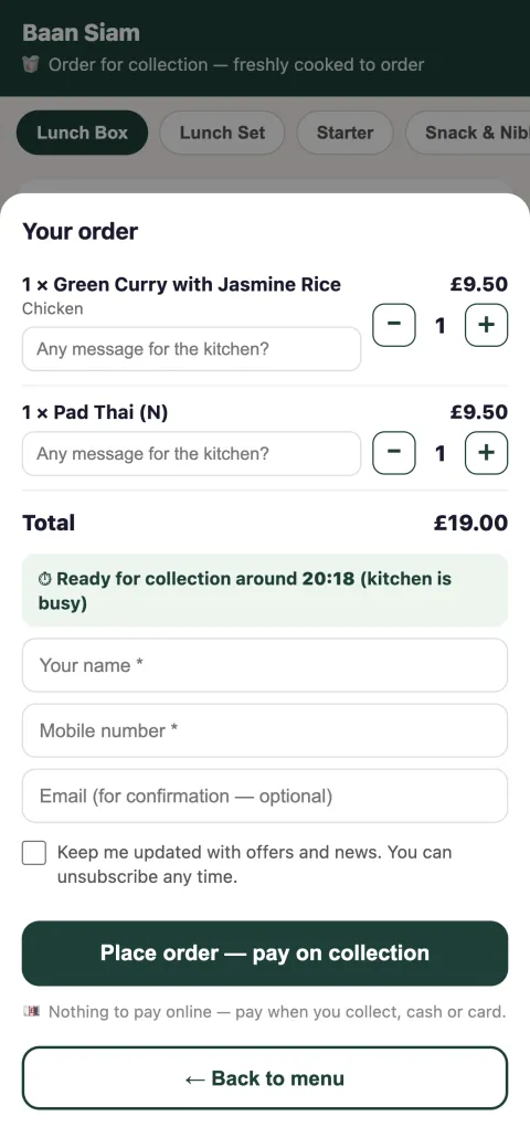 Customer checkout on your own order page (demo restaurant)