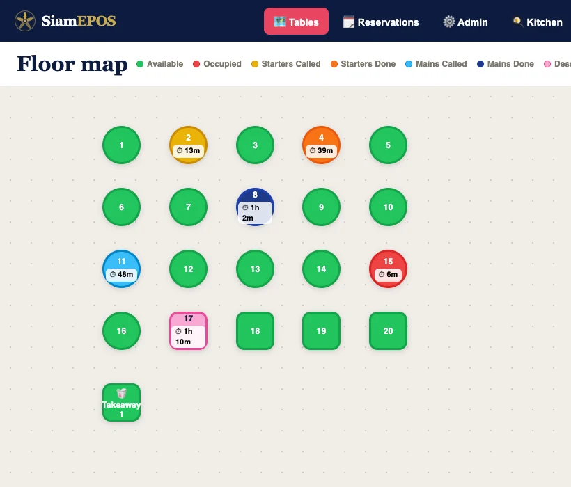 SiamEPOS till: the floor plan, every table coloured by course with its timer (demo restaurant)