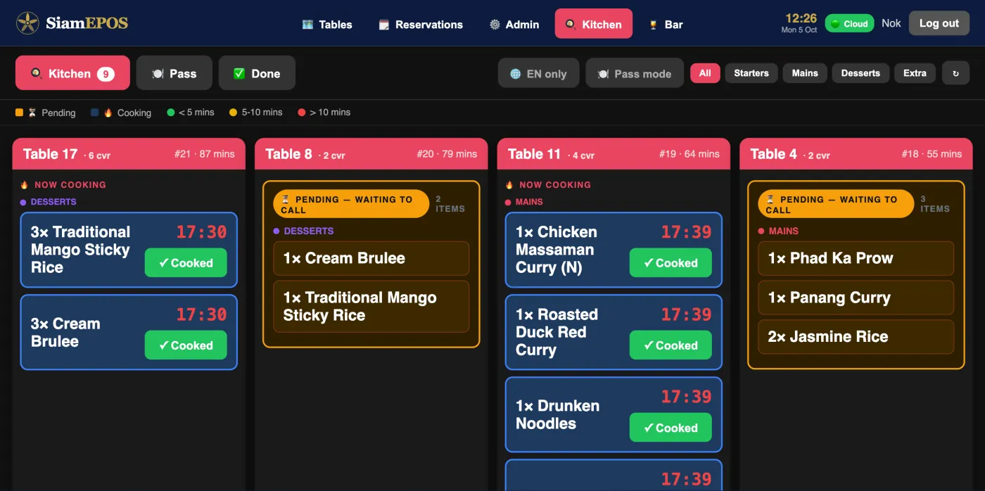 Kitchen screen with tickets by table (demo restaurant)