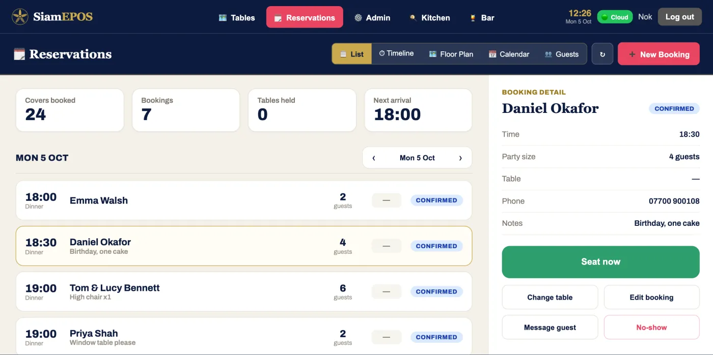 SiamEPOS reservations: tonight's bookings and booking detail (demo restaurant)
