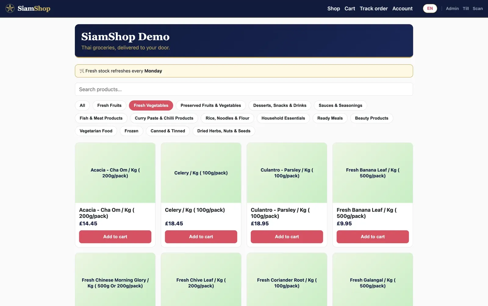 SiamShop online shop — product grid with categories and search