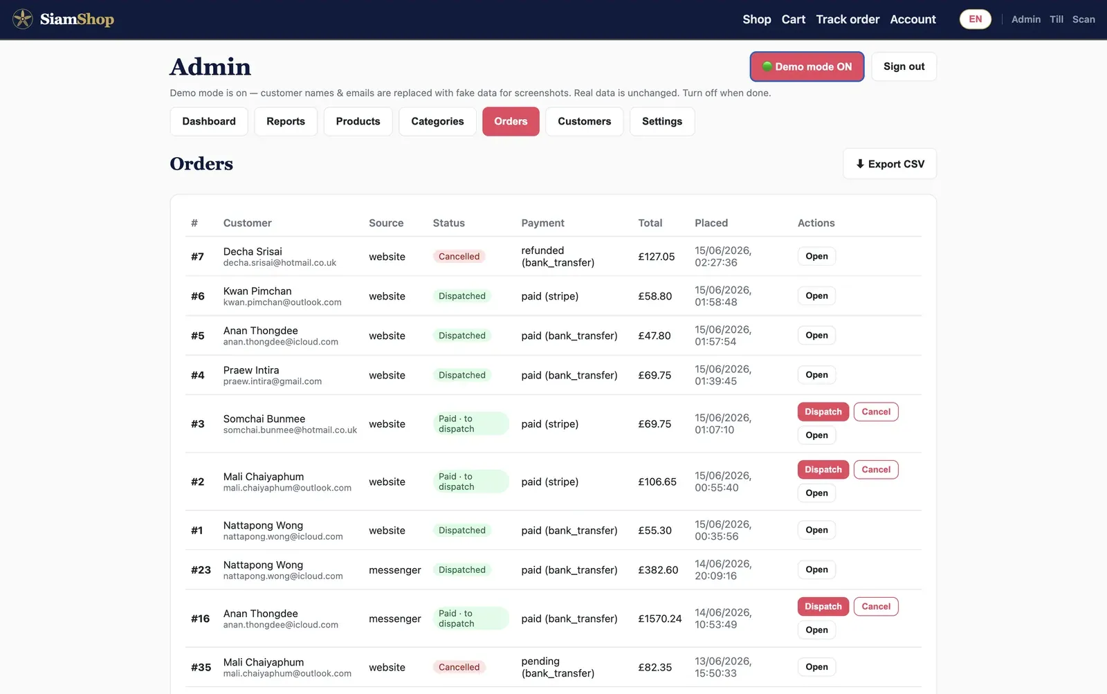 SiamShop orders — website and Messenger orders in one list