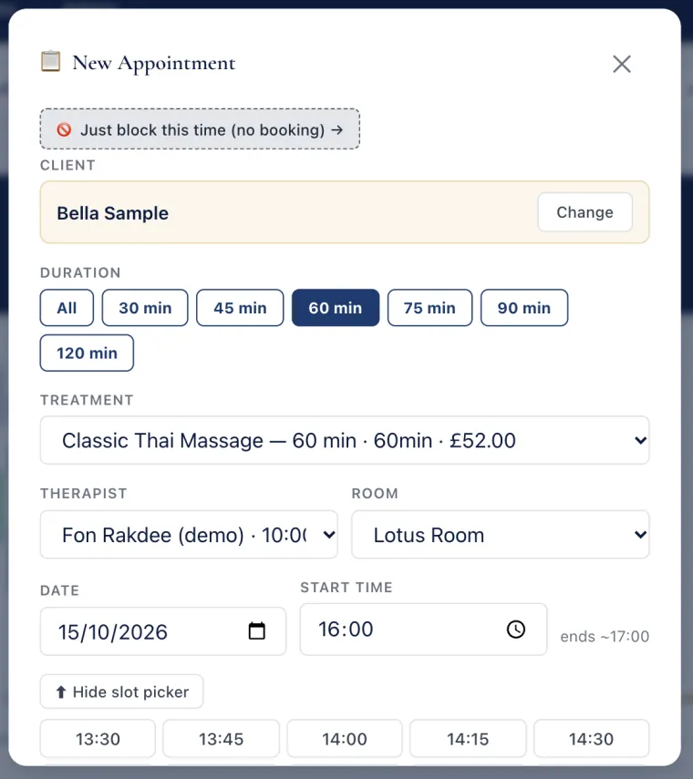 New appointment: client, treatment, therapist, room and time (demo spa)