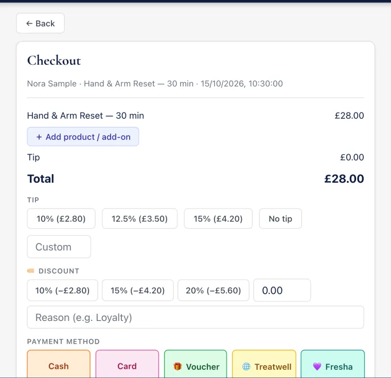 Checkout with tip, discount and payment method (demo spa)