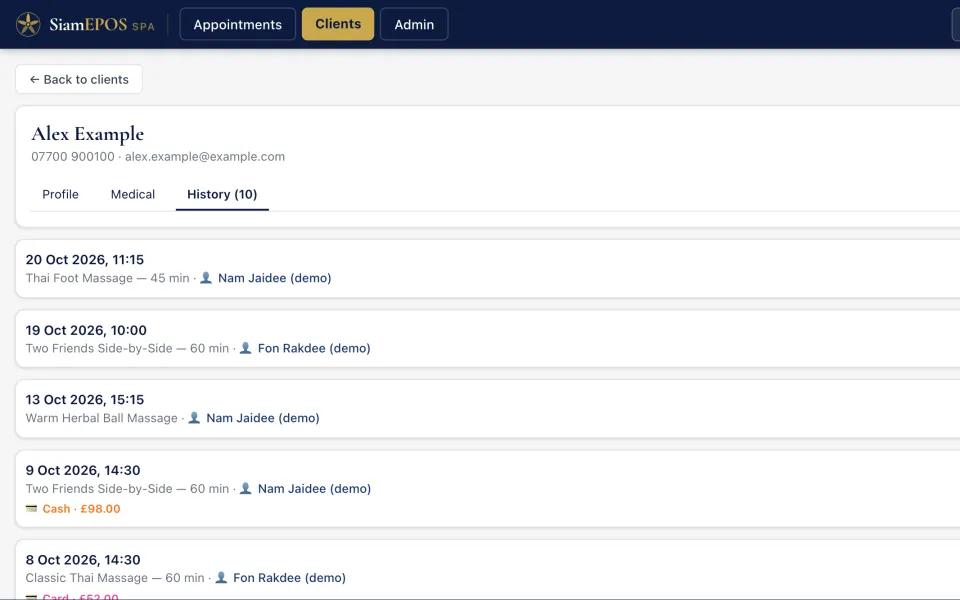 Client record with visit history (demo spa)