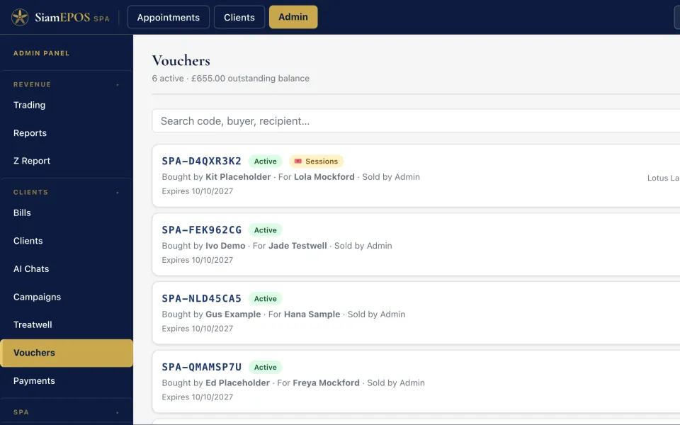 Gift vouchers sold and tracked (demo spa)