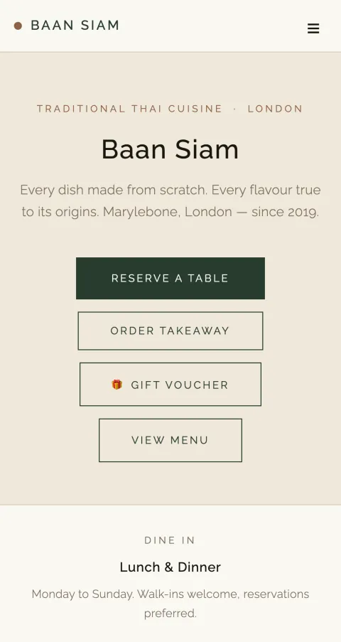 A restaurant website we built, on a phone (demo restaurant)