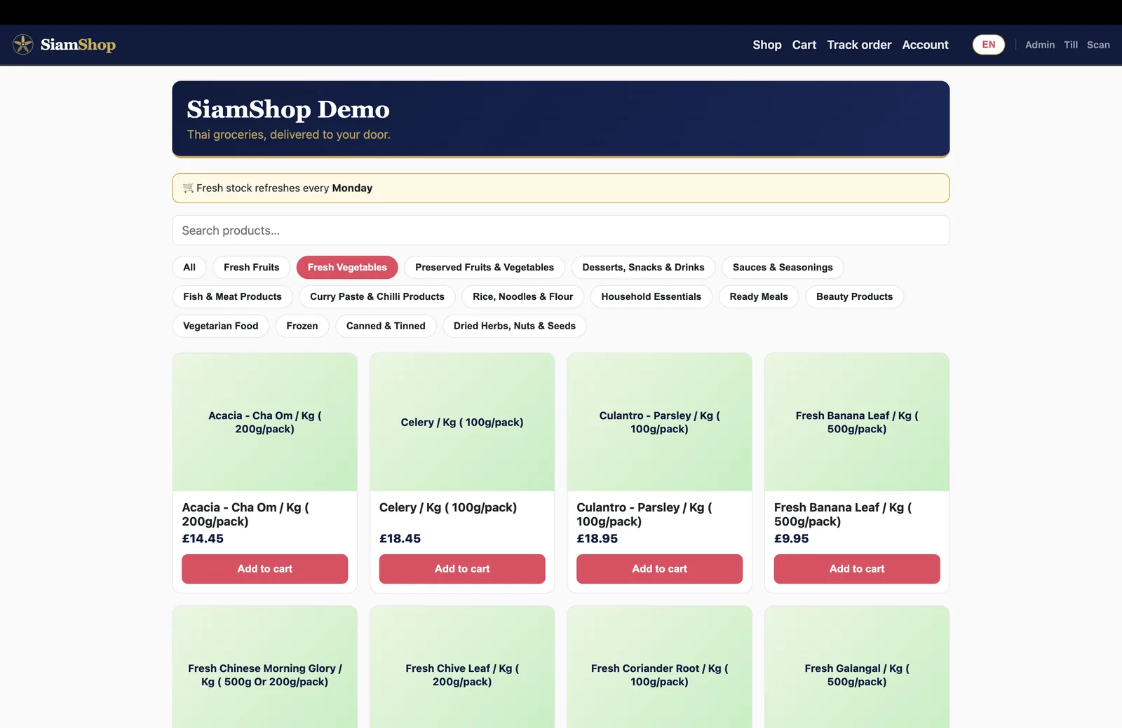 SiamShop online shop — product grid with categories and search
