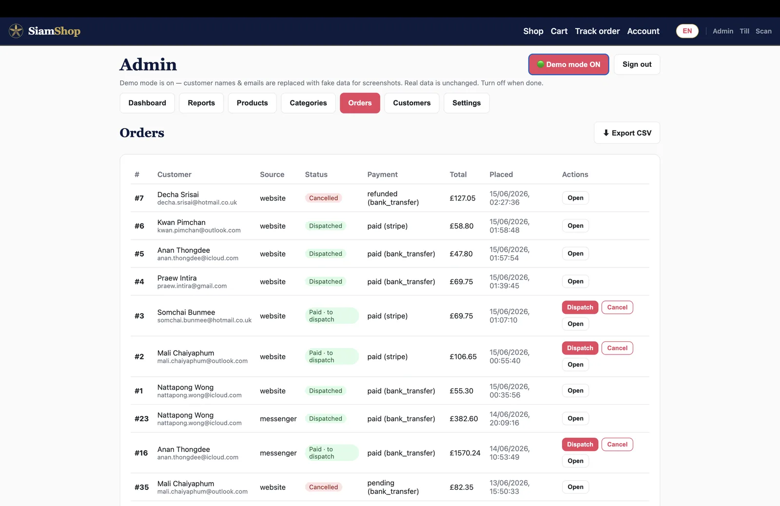 SiamShop orders — website and Messenger orders in one list
